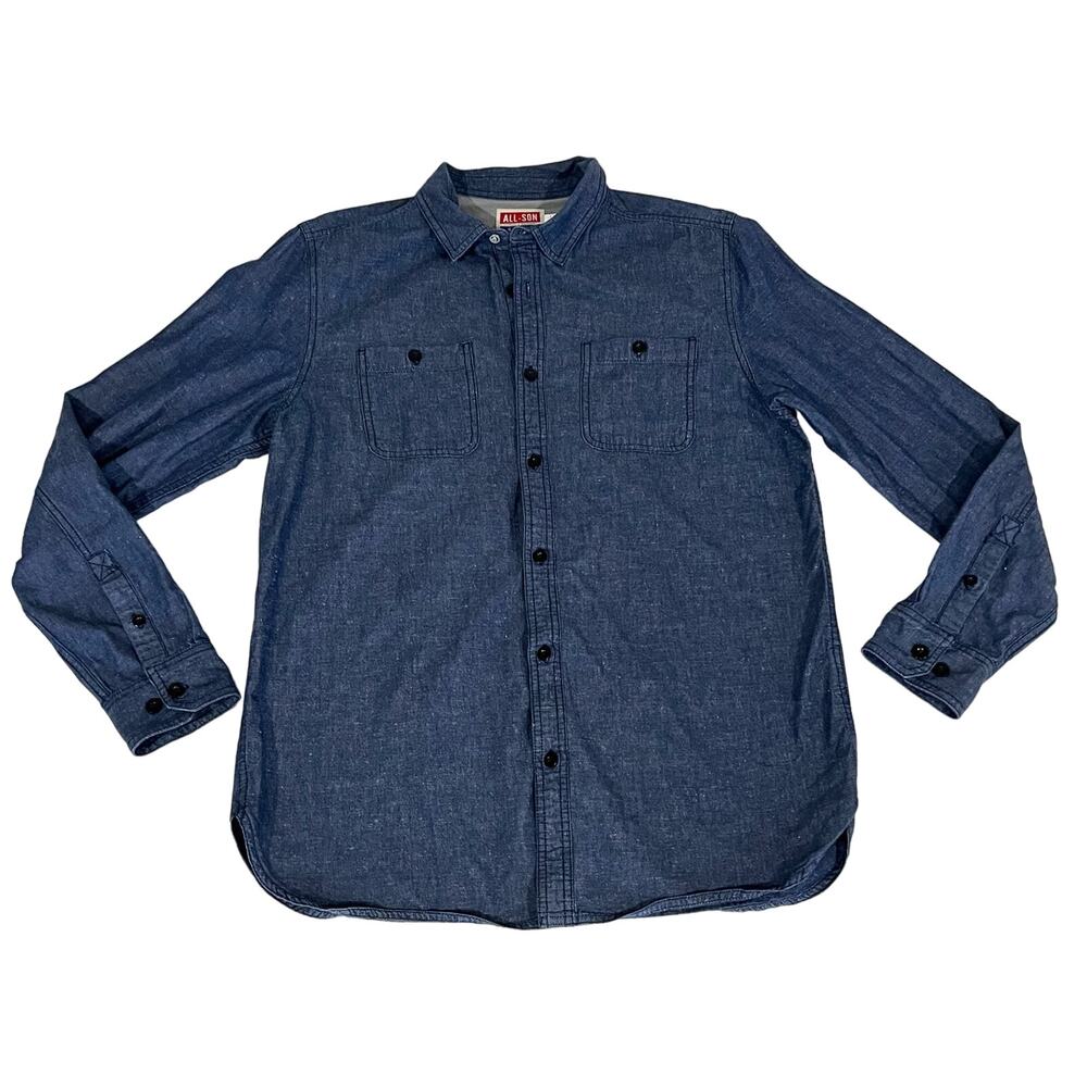 All-Son Brand Men’s Chambray Shirt Denim Button Down Blue Cotton Long Sleeve L